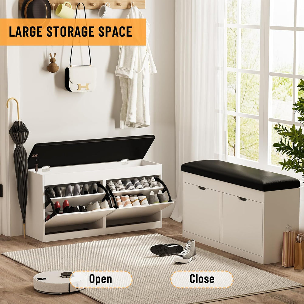 40" Shoe Storage Bench with 2 Flip Drawers & Padded Seat Cushion, Sh...
