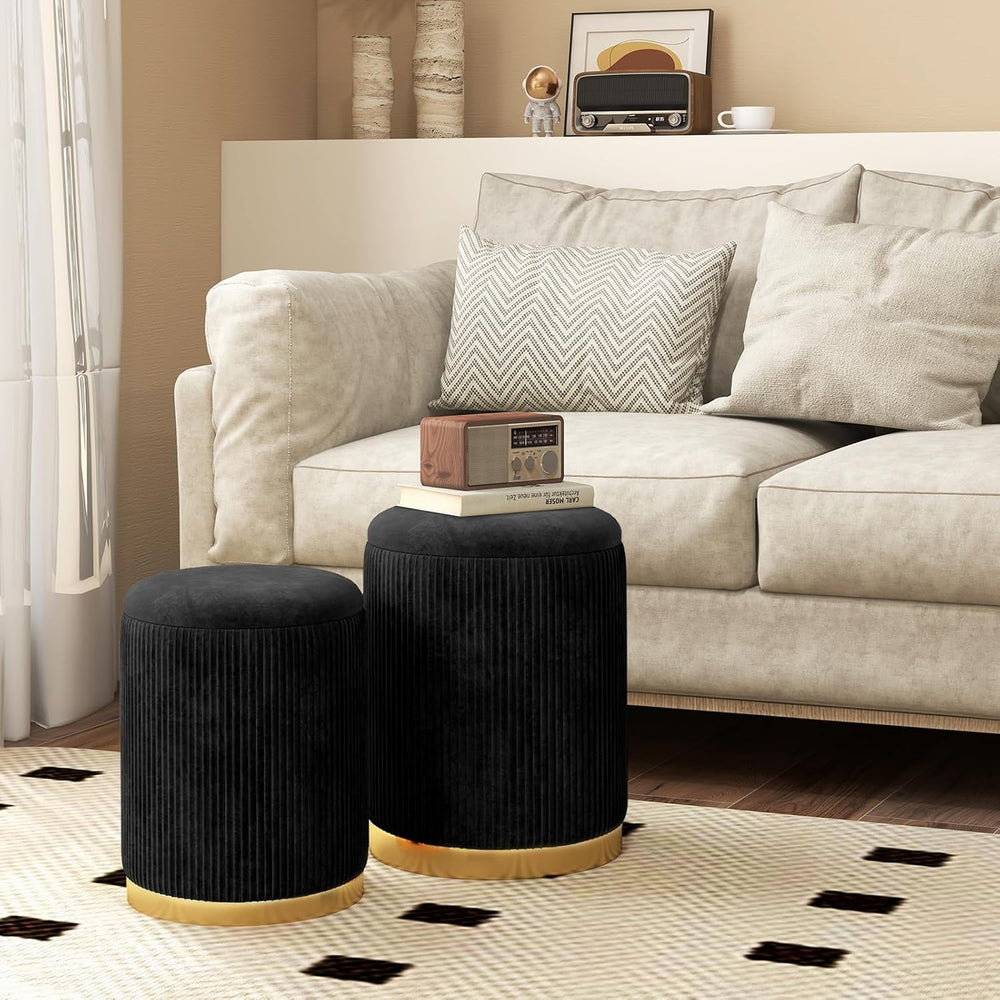 GOFLAME Round Velvet Storage Ottoman Set of 2, Upholstered Footrest with Gold...