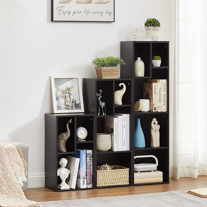 VECELO Small Bookshelf, 5 Cube Slim Bookcase, Fits Tallest Hardcovers, Horizontal Available, Modern Floor Standing Unit, Each Shelf Hold Up to 66 LBS, Matte Black