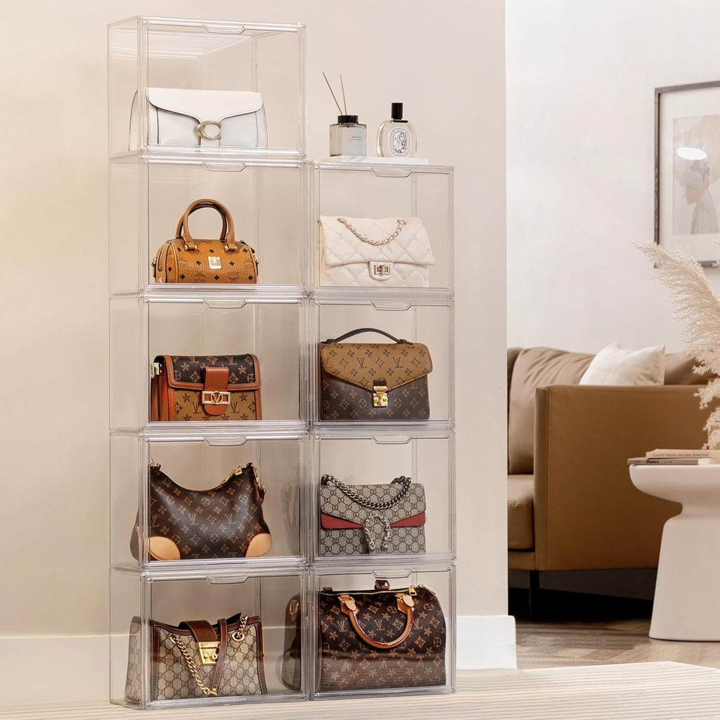 HBlife 5 Pack Purse Storage Organizer for Closet, Medium Clear Stackable Handbag Display Case Box with Magnetic Door for Collectibles, Cosmetics, Women Heels and Toys