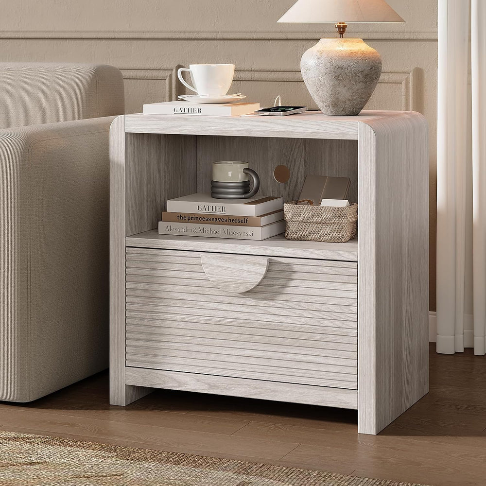 Fluted Nightstands Set of 2 with Charging Station, 23" Wide Wood Bedside...