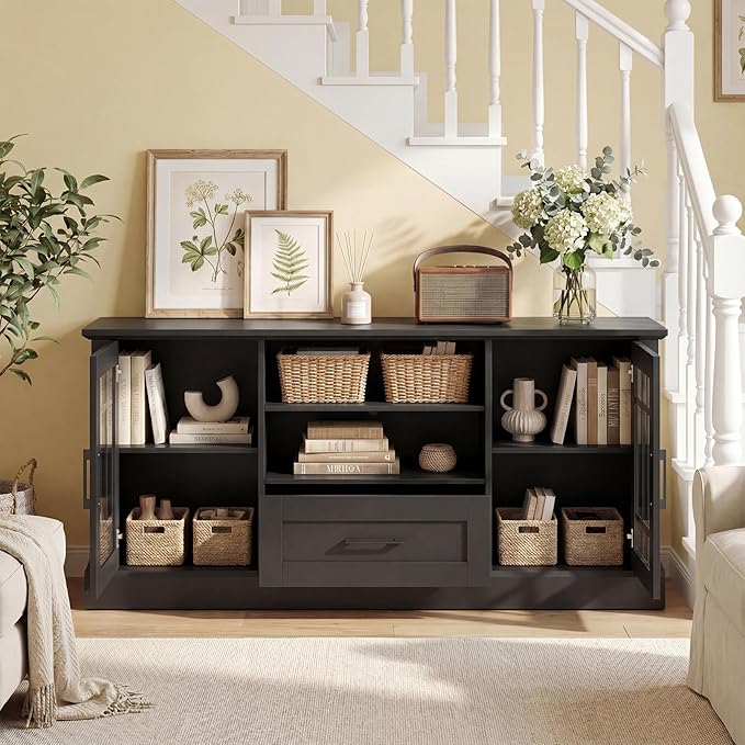 Giantex Farmhouse TV Stand for 65/70 Inch TV, Tall Entertainment Center with Storage Cabinets, Glass Doors, Drawer, Removable Shelves, Media TV Console Table for Living Room, Bedroom (Black)