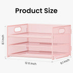 Subekyu 2-Pack 3-Tier Pink Metal Mesh Desk Paper Letter Tray & File Sorter Organizer with Handle + 1 Sliding Tray for Desk, Home, Office, School Supplies, A4 Paper and Accessories Storage