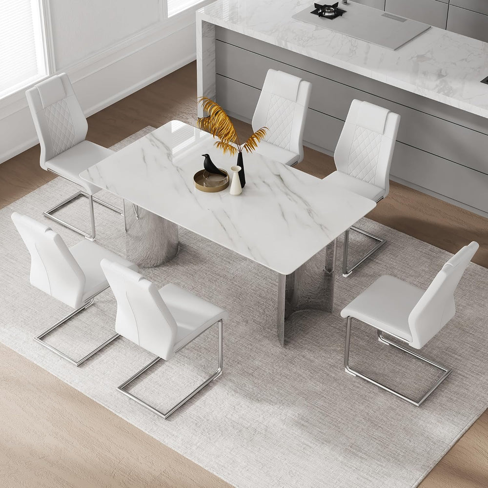 Marble Dining Table Set for 6,63" Kitchen Table Set of 6,Rectangle Dinin...
