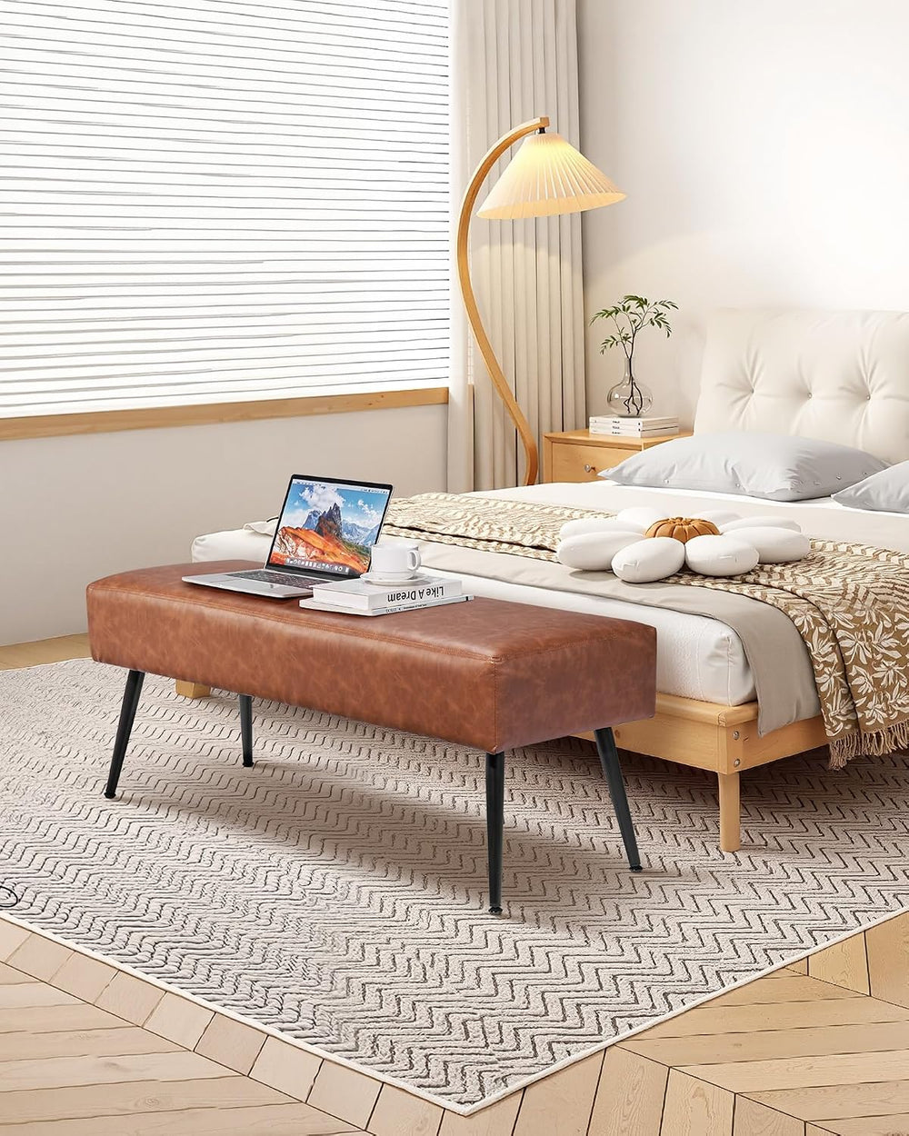 VEVOR Leather Bedroom Bench, PU Leather Bench with Metal Legs and with Stitch...