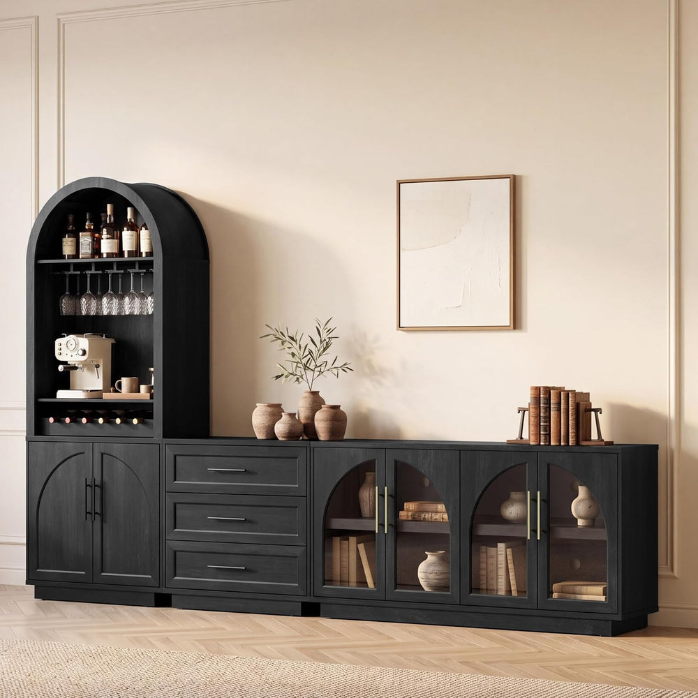 Fatmok Modular Coffee Bar with LED Lighting,Charging Station,Arched Glass Buf...