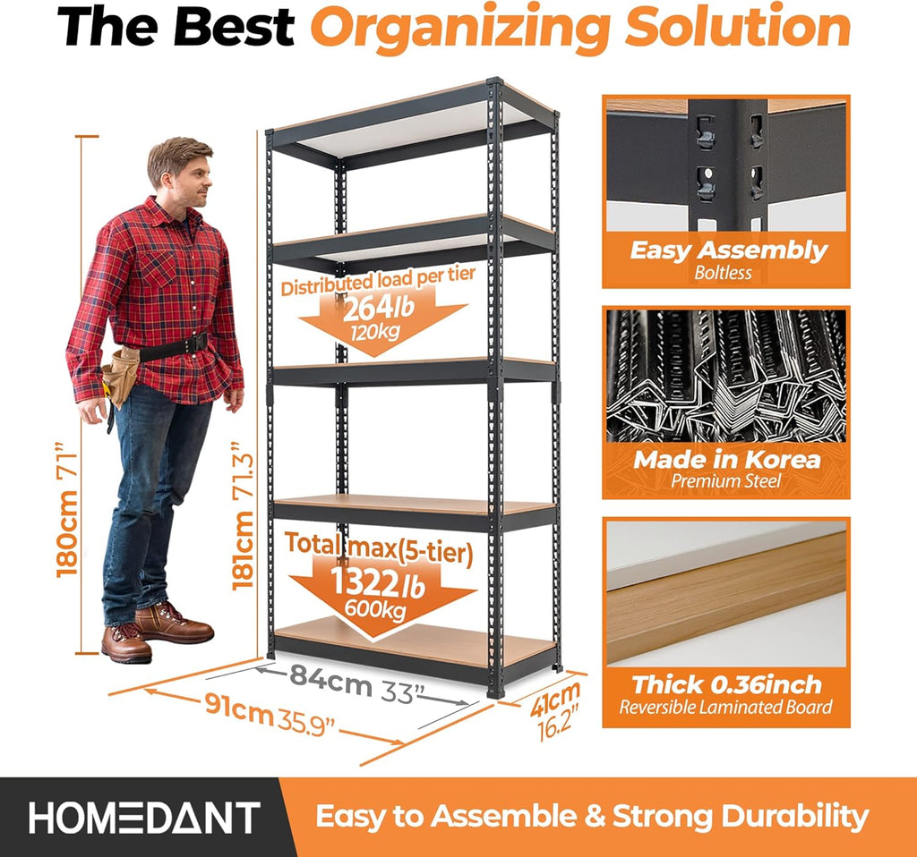 HOMEDANT 5 Tier Storage Shelves Adjustable Laminated Boltless Garage Metal Shelving Unit Heavy Duty Utility Rack Shelf Warehouse Pantry Closet Kitchen (4, (M) 35.9" W, Black)