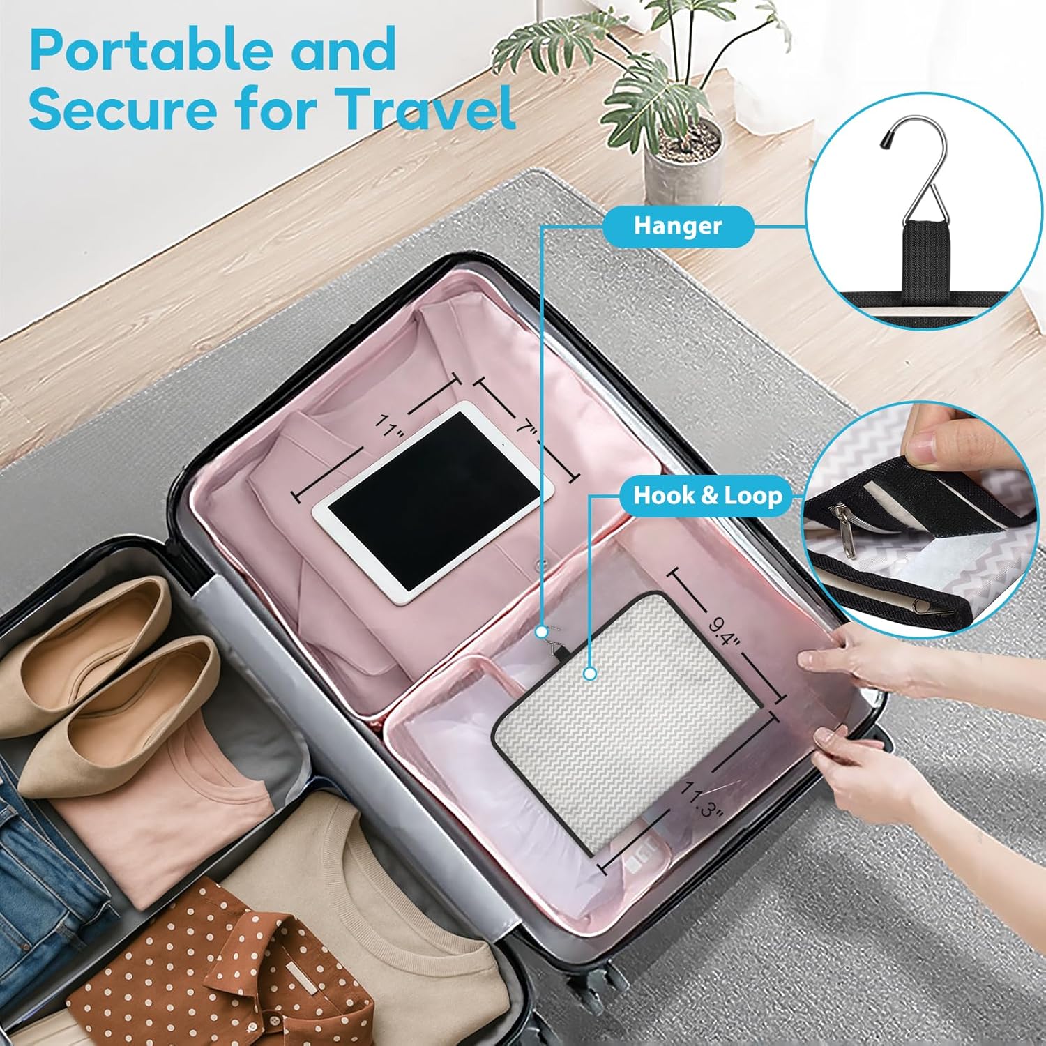MISSLO Hanging Jewelry Organizer Travel Foldable Jewelry Roll Storage Case with 14 Cotton Zippered Pockets for Traveling, Closet, Suitcase