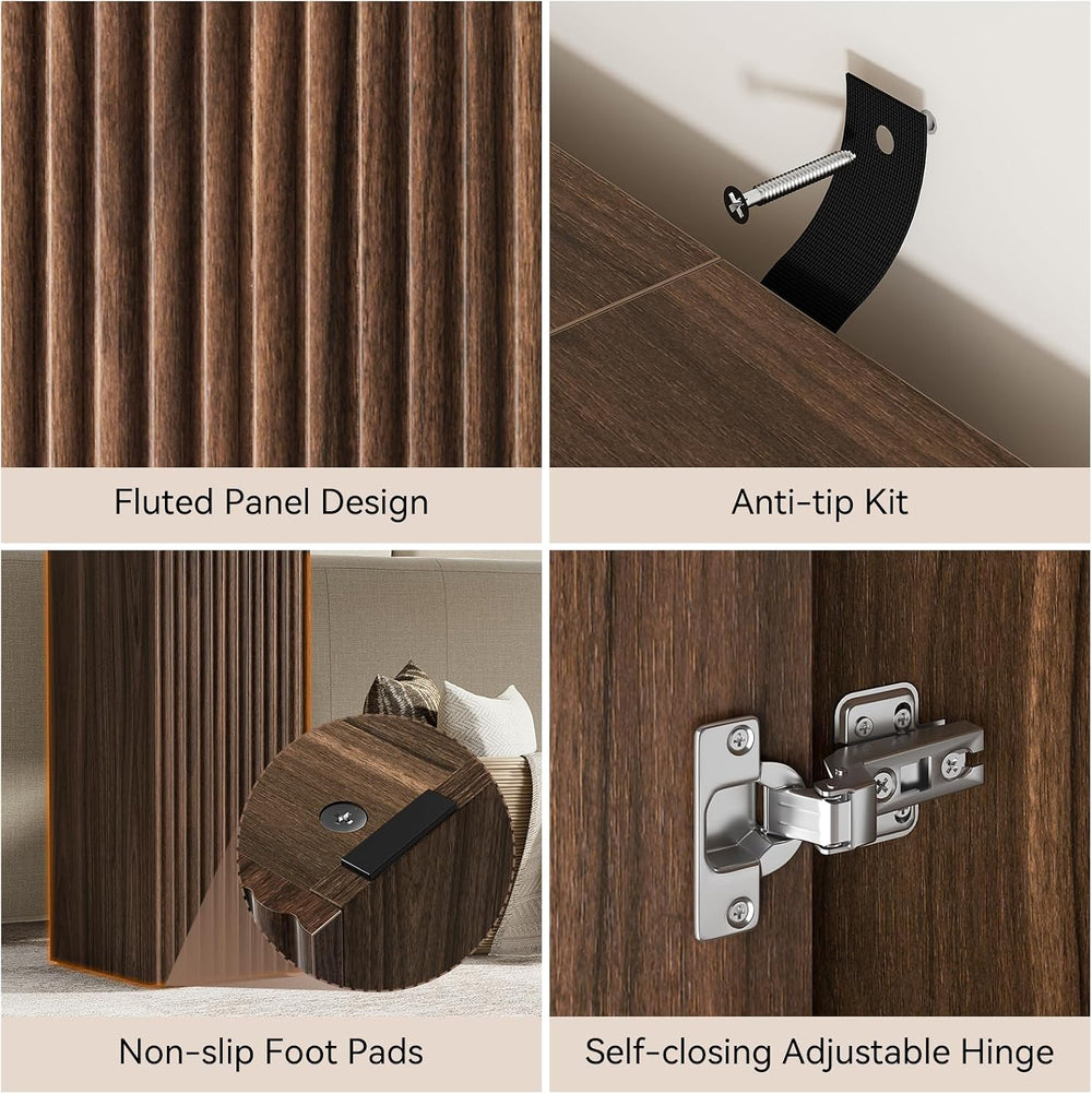 FABATO 61” Fluted Long Console Table with 2 Hidden Storage Cabinets, Walnut |...