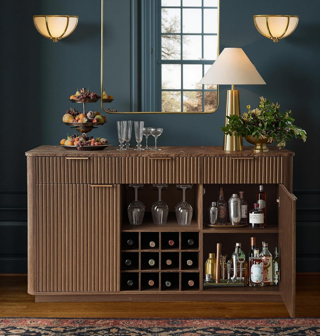 win2win 59" Fluted Wine Bar Cabinet, Mid-Century Modern Sideboard, Walnut | Home Bar with Faux Marble Top, 3 Spacious Drawers, 3 Stemware Racks, 12 Wine Racks, 2 Side Cabinets, Kitchen Dining Room