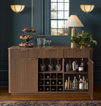 win2win 59" Fluted Wine Bar Cabinet, Mid-Century Modern Sideboard, Walnut | Home Bar with Faux Marble Top, 3 Spacious Drawers, 3 Stemware Racks, 12 Wine Racks, 2 Side Cabinets, Kitchen Dining Room