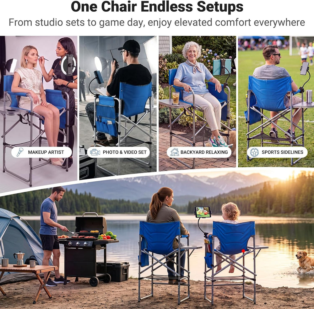 Tall Foldable Directors Chair with Tablet Holder for Camping