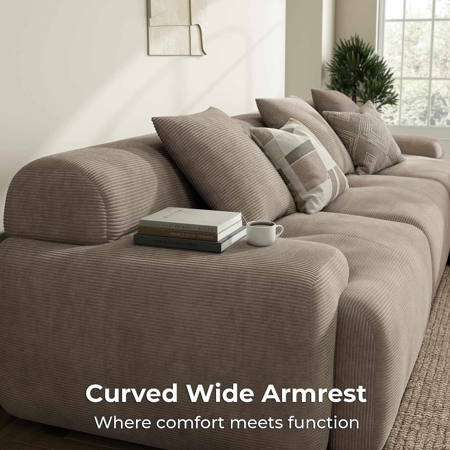 LIKIMIO LumiCord Modular Sectional Sofa with Ottoman, 118" L-Shaped Boneless Couch for Living Room, Oversized Deep Seat with Corduroy Upholstery, No Assembly Required, Light Brown