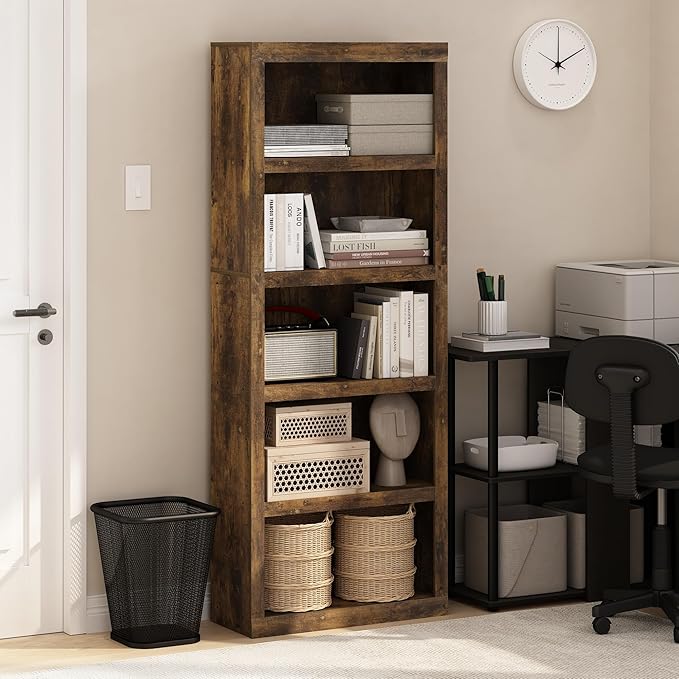 Furinno Rail 5-Tier Open Shelf Bookcase with Classic Style Edges, Amber Pine