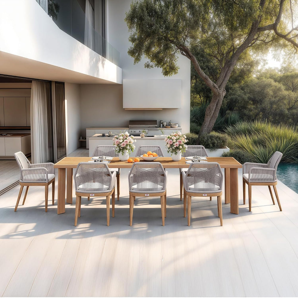 PURPLE LEAF 9 Pieces Patio Dining Set with Cushion and Wicker Armrests Teak