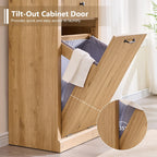 Modern Tilt-Out Laundry Hamper Cabinet, 10 Gallon Fluted Trash Can Cabinet with Drawer, Wooden Hidden Garbage Can Cabinets with Laundry Basket, Free Standing for Bathroom & Kitchen, Natural Oak