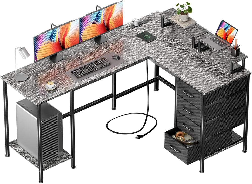 Korfile 59 inch L Shaped Computer Desk with Power Outlets, Grey