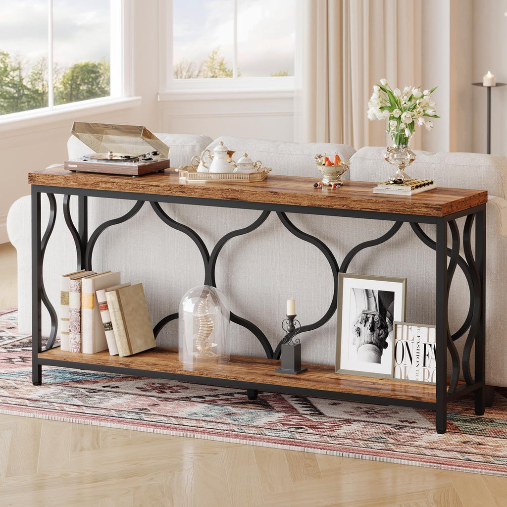 IBF 63 Inches Long Farmhouse Entryway Table, Rustic Wood Metal Sofa Console Table with Storage Shelves, Narrow Industrial Behind Couch Entry Hallway Table for Home Living Room, Rustic Brown Oak