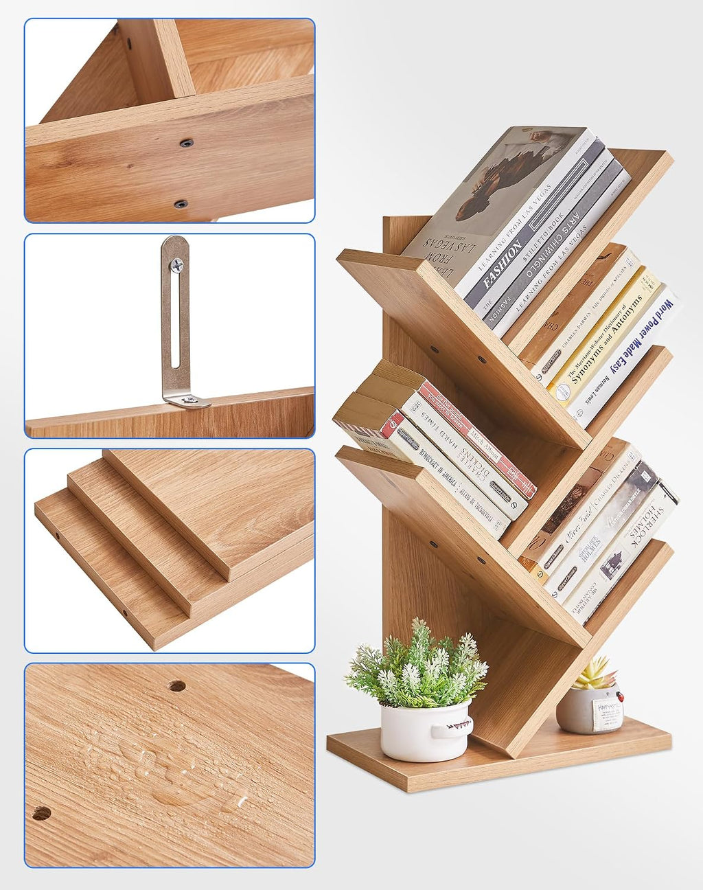 YMYNY 4 Tier Tree Bookshelf, Small Bookcase, Modern Wood Book Storage Rack, Freestanding Book Shelf for Books/Movies/CDs, Narrow Display Rack for Living Room, Home Office, Light Oak UHBC014K