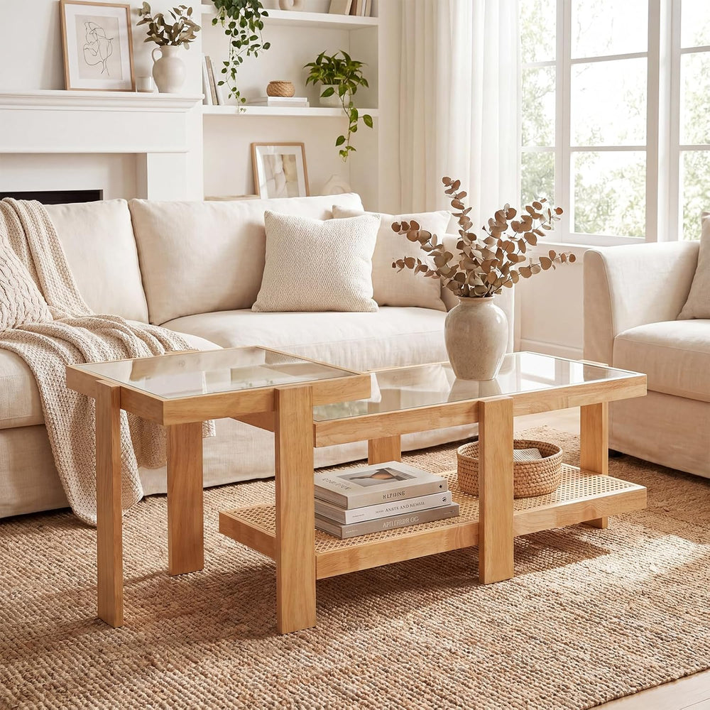 Giantex Nesting Coffee Table Set of 2, Boho Rattan Accent Table with Tempered...