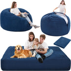Homguava Chenille Bean Bag Bed, Convertible Bean Bag Chairs from Lazy Sofa Chair to Floor Mattress Bed, 3 in 1 Giant Bean Bag Chair for Adults with Filler for Living Room Machine Washable(Queen,Blue)