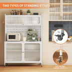 Rolling Kitchen Pantry Cabinet with 2 Glass Doors & Adjustable Shelves, Freestanding Metal Storage Credenza Organizer Utility Cupboard for Pantry, Kitchen, Bathroom,White