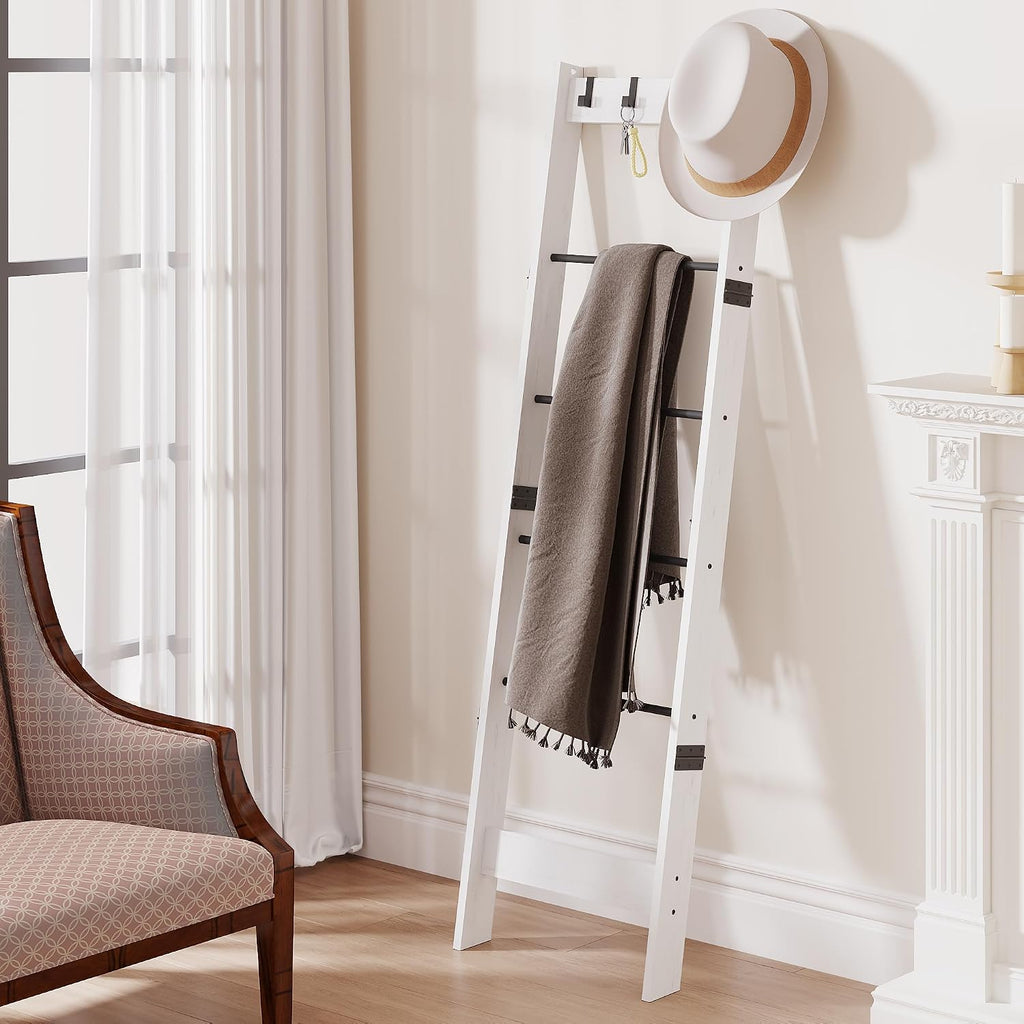 TRIFEBLE 6 Tier Blanket Ladder Shelf for Living Room and Bedroom, Ladder Holder with 4 Metal Hooks, 5.2ft Blanket Quilt Holder Rack, Farmhouse Ladder Rack for Storage and Home Decor, White