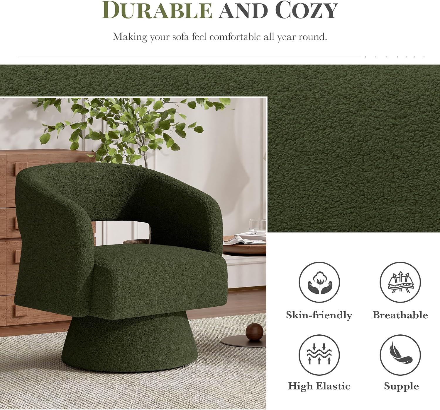 Luxanimarion Swivel Barrel Accent Chair Set of 2,Oversized Teddy Upholstered Round Swivel Chairs,Modern Luxury 360 Degree Living Room Vanity Chair for Bedroom Office,Green,2PCS