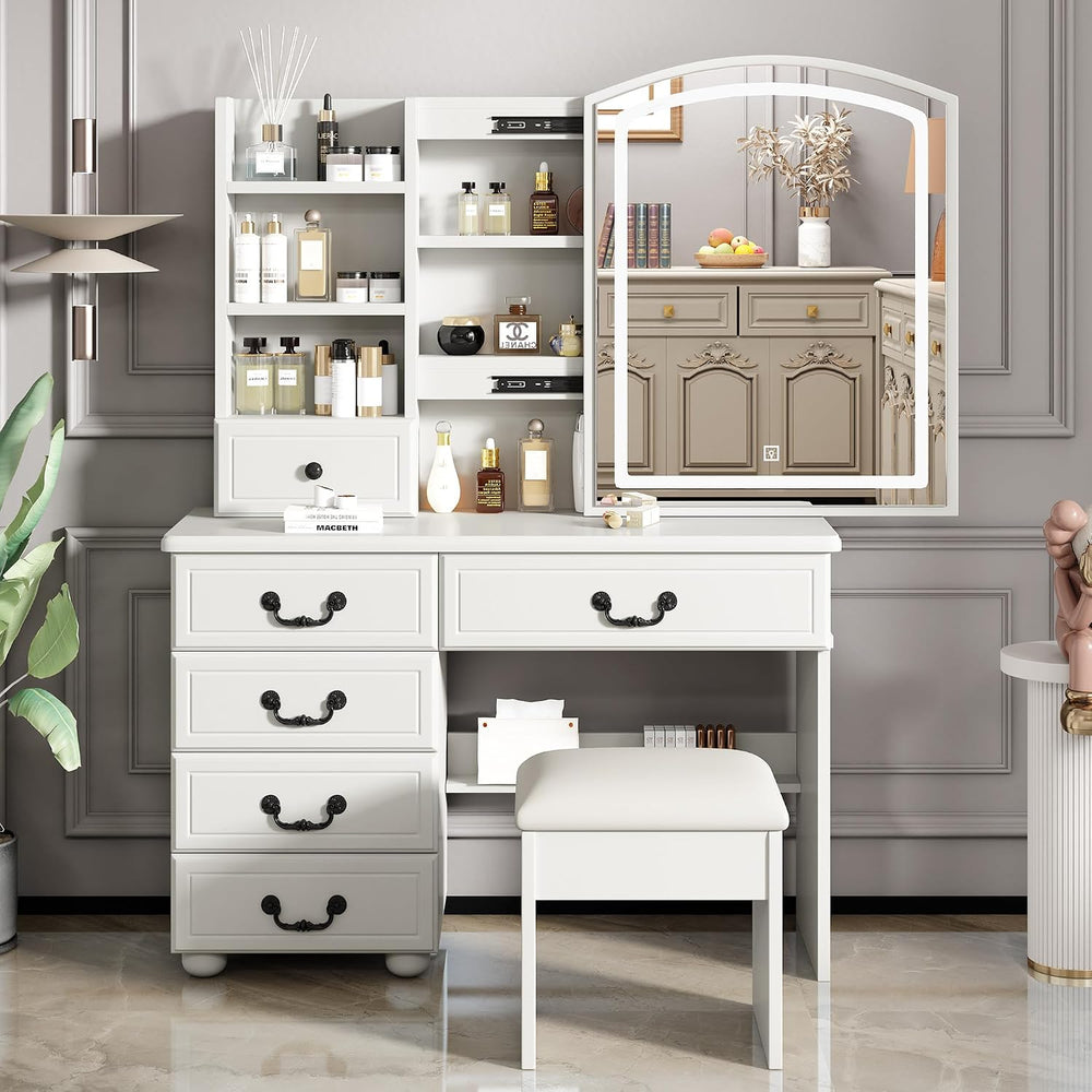 Vanity Desk Set with Lighted Mirror and Upholstered Stool, Vanity Table with ...