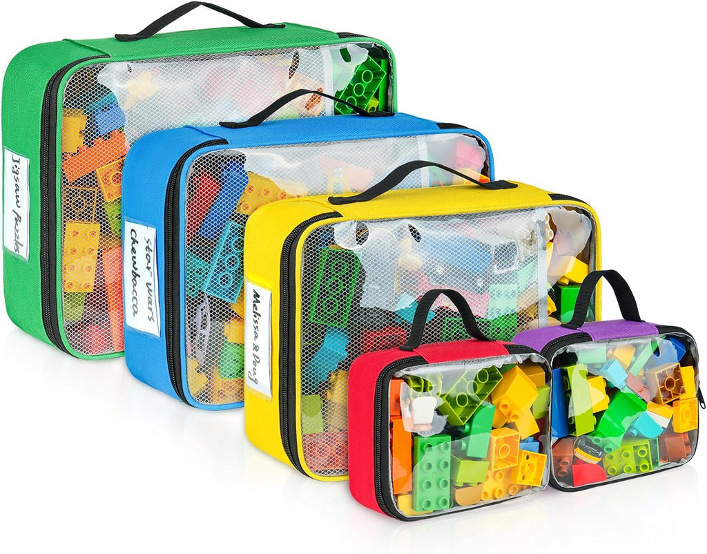 5 Packs Toy Storage Bags Compatible with Lego Bricks,Large Travel Toy Organizers for Kids Building Blocks,Toy Car,Puzzles with Mesh Pocket and Tag Pocket