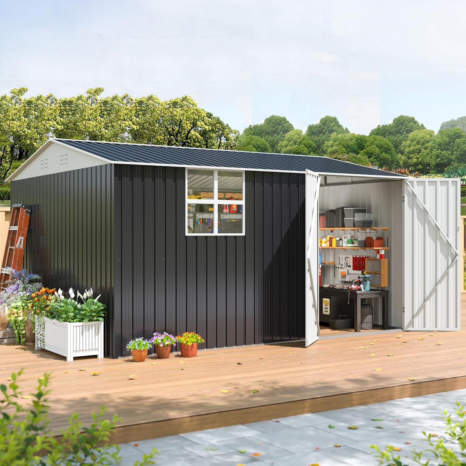 10x12 FT Outdoor Metal Storage Shed with Window, Large Lockable Metal Garden Tool Shed with Heavy-Duty Frame for Backyard, Patio, and Lawn, Black