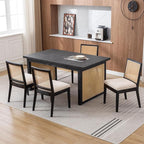 Rattan Dining Chairs Set of 2, Farmhouse Kitchen Chairs with Cane Back, Upholstered Dining Room Chairs Comfy Side Wood Chair for Living Room/Restaurant, Black Cream
