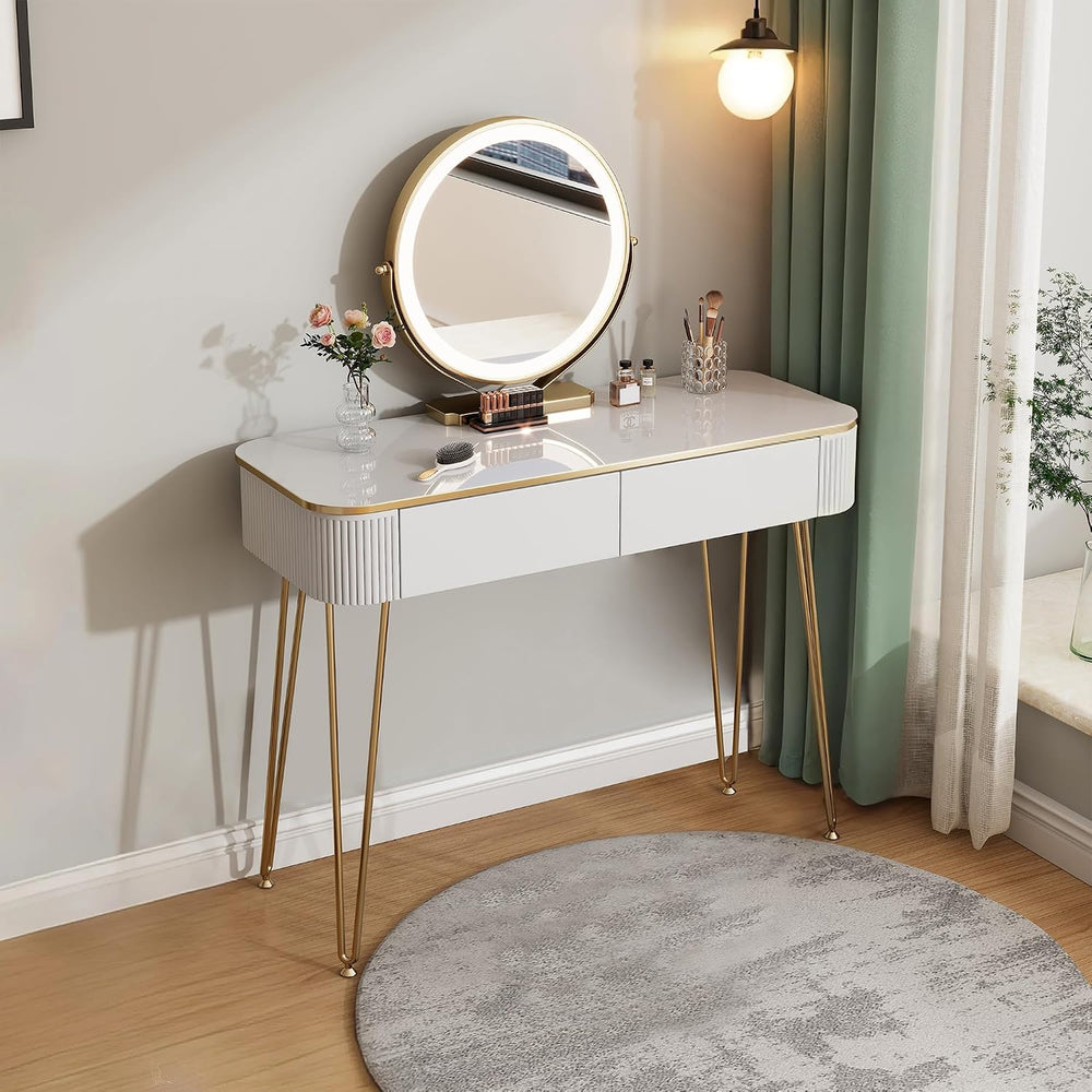 Furnistar White & Gold Vanity Desk with Round LED Mirror & 2 Drawers ...