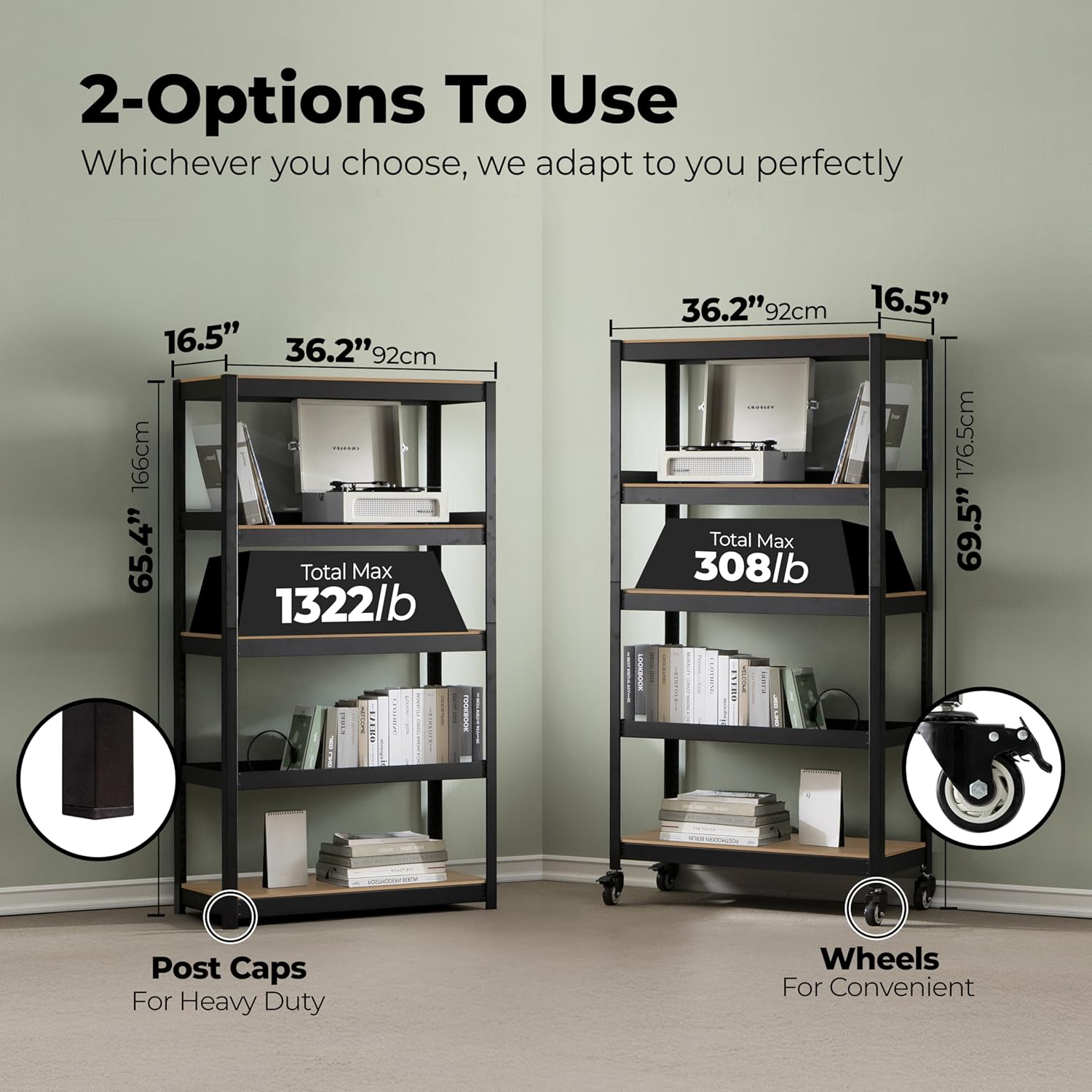 HOMEDANT House 5-Tier Metal Rolling Cart Shelf Rack Casters Heavy Duty Laminated Wheel Shelving Unit Adjustable Utility Storage Shelves Organizer Shelf Kitchen Garage 36.2" W x 16.5" D x 69.5" H 2Pack