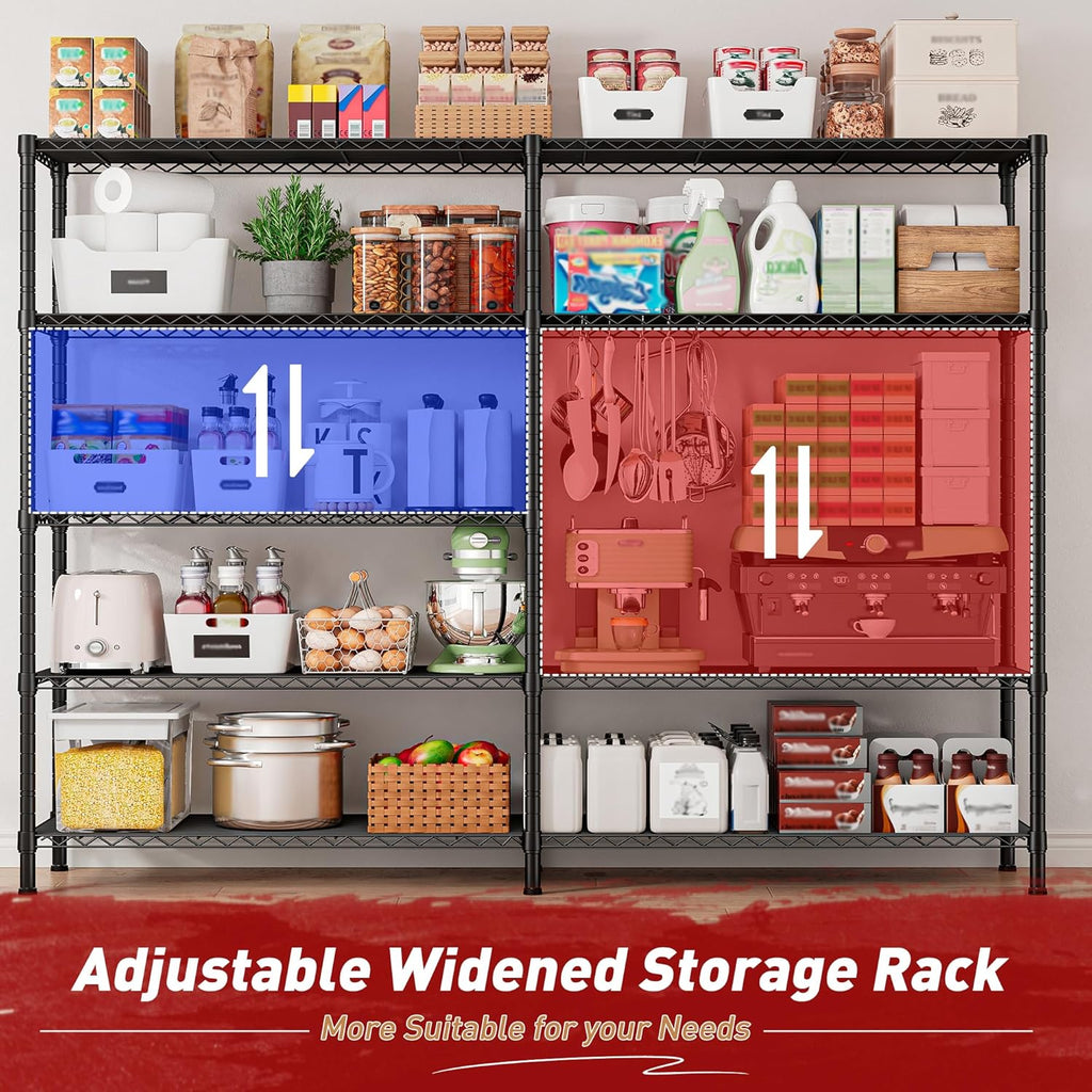 REIBII 1450LBS Metal Shelving Unit Storage Shelves 5 Tier Wire Shelving 58.1''W Pantry Shelves Wire Shelf Adjustable Garage Shelving Heavy Duty Storage Rack for Pantry Kitchen Garage, Black