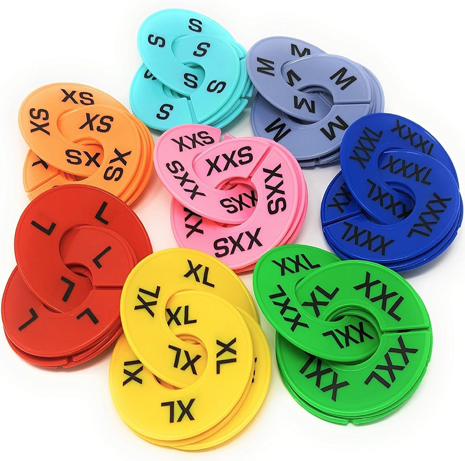 Clothing Rack Size Dividers for Retail Shops, XXS-XXXL, 40 Pieces, 8 Colors | Round Plastic Size Rings, Tags, Hangers, or Separators for Shirt, Closet, and Garment Racks, Small Medium Large
