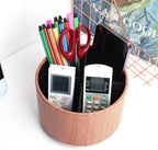 Round Leather Art Supply Organizer,Remote Control Holder,360 Degree Spinning,Multi-Functional Pencil Holder,4 Compartments Desktop Stationary Organizer(1-Thin Wood Ligh Brown)