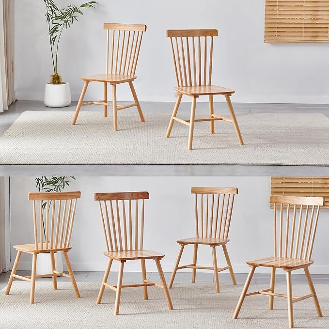 Natural Solid Wood Windsor Dining Chairs Set of 6 for Home Kitchen/Comapct Apartment/Small Space