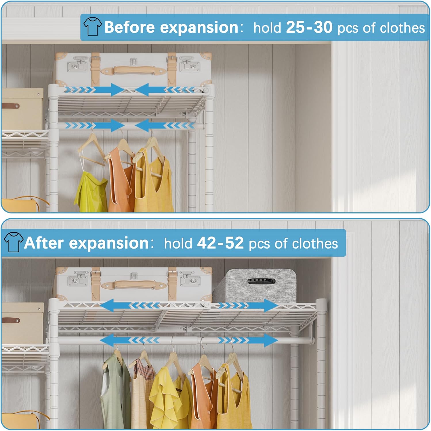 VIPEK X20 Expandable Metal Clothing Rack Adjustable from 3'3" to 4'8" Heavy Duty Garment Racks with Adjustable Shelves and Hanger Rods Portable Wardrobe Open Closet Rack System, White