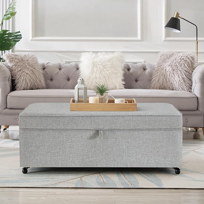 Ball & Cast 45" Sofa Ottoman with Storage, Linen Upholstered Bench with Rotation Casters and Safety Hinge for Living Room, Multi-Function Coffee Table,Gray
