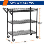 REGILLER 3 Tier Heavy Duty Rolling Utility Cart,18" D x 30" W x 36.6" H Rolling Carts with Wheels,Commercial Grade Metal with Handle Bar & Shelf Liner,Trolley Serving Storage Cart for Kitchen Black
