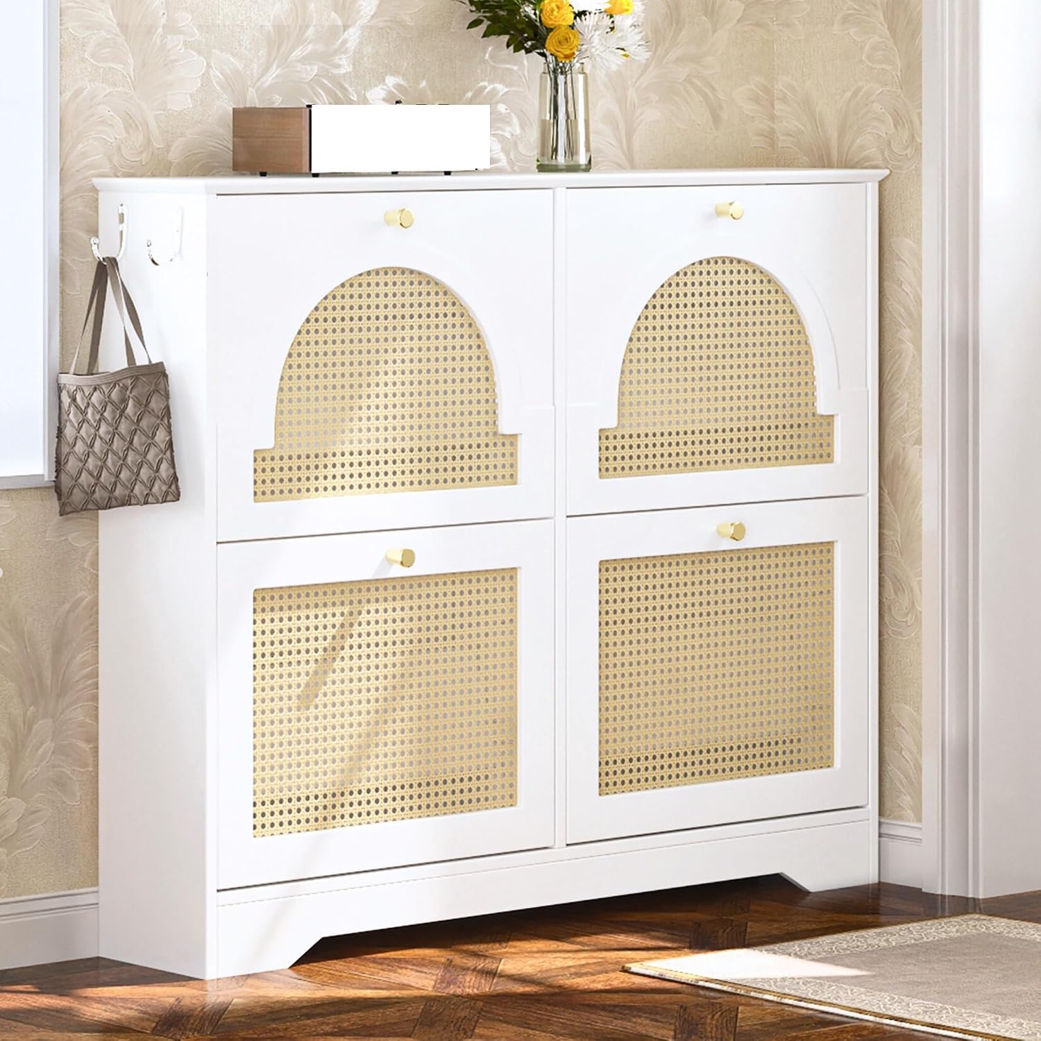 Freestanding Shoe Rack, Tipping Bucket Shoe Cabinet with 4 Flip Drawers, Elegant Entryway Shoe Organizer with 4 Rattan Doors,for Kitchen Home