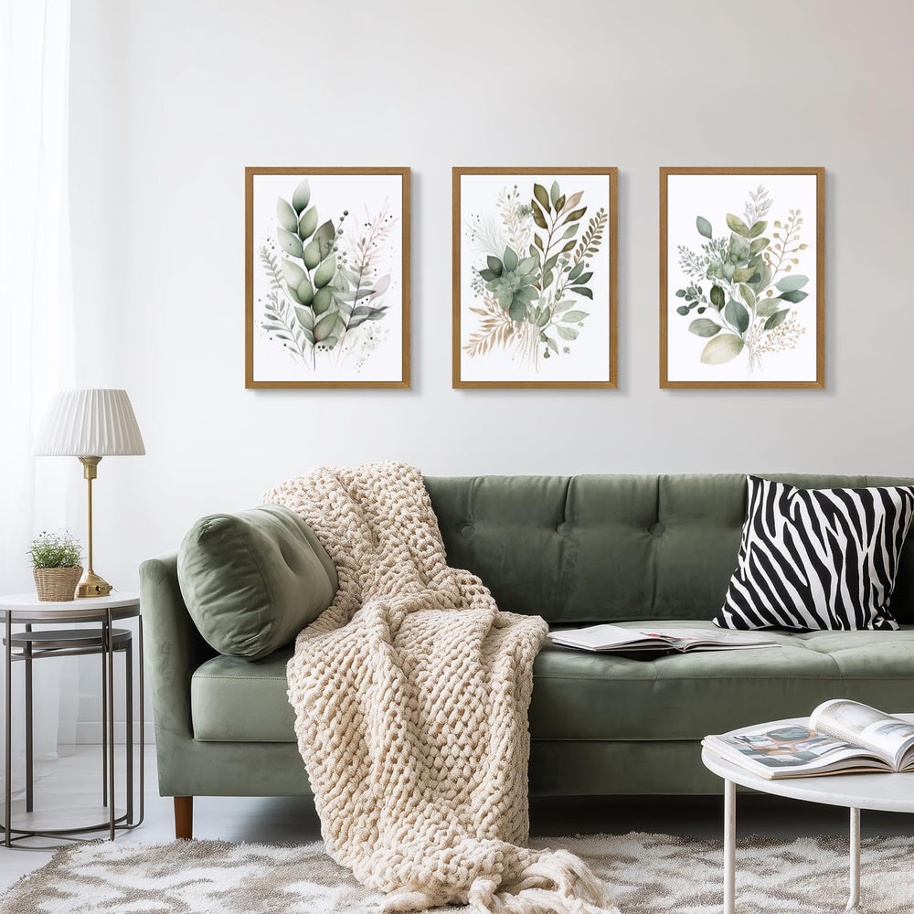 HLXRAE Neutral Sage Green Botanical Floral Wall Art, Wood Framed 12"x16&...