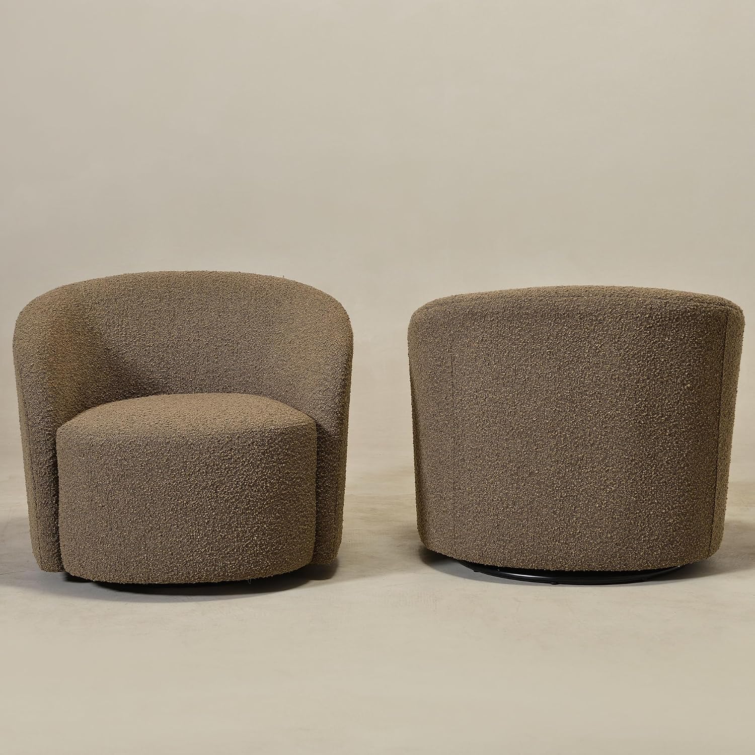 KINWELL 34" W Swivel Barrel Chair Set of 2, Mid Century Modern Round Upholstered Boucle Swivel Accent Chairs, No Assembly Sofa Chair for Living Room Bedroom Reading, Teddy Brown