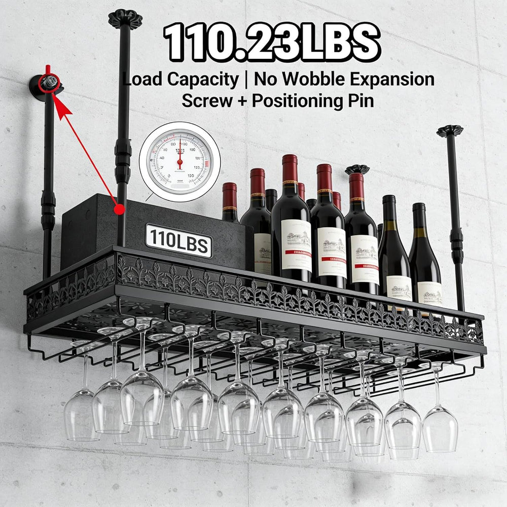 Hanging Wine Rack with Glass Holder and Shelf,Adjustable Metal Ceiling Mount ...