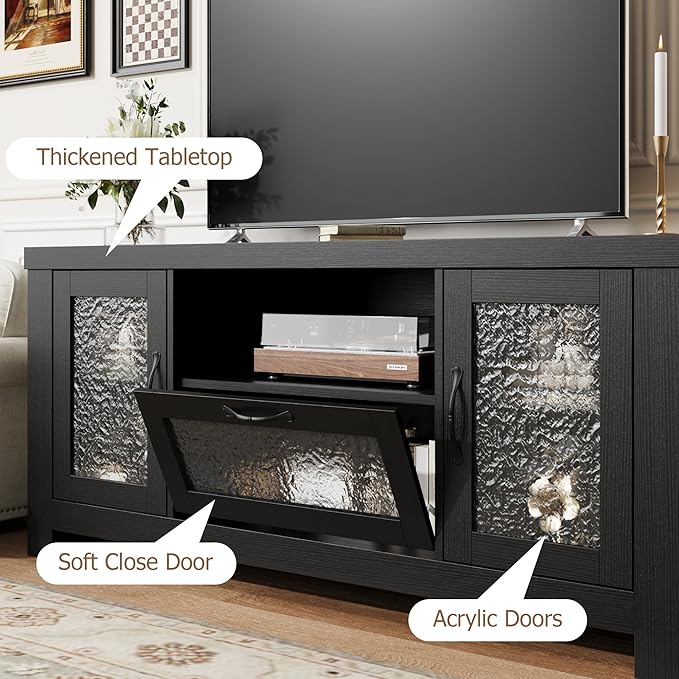 Garvee Farmhouse TV Stand for 55 Inch TV, Entertainment Center with Acrylic Door & Adjustable Shelves, Sideboard Buffet Storage Cabinet for Living Room Bedroom, Black