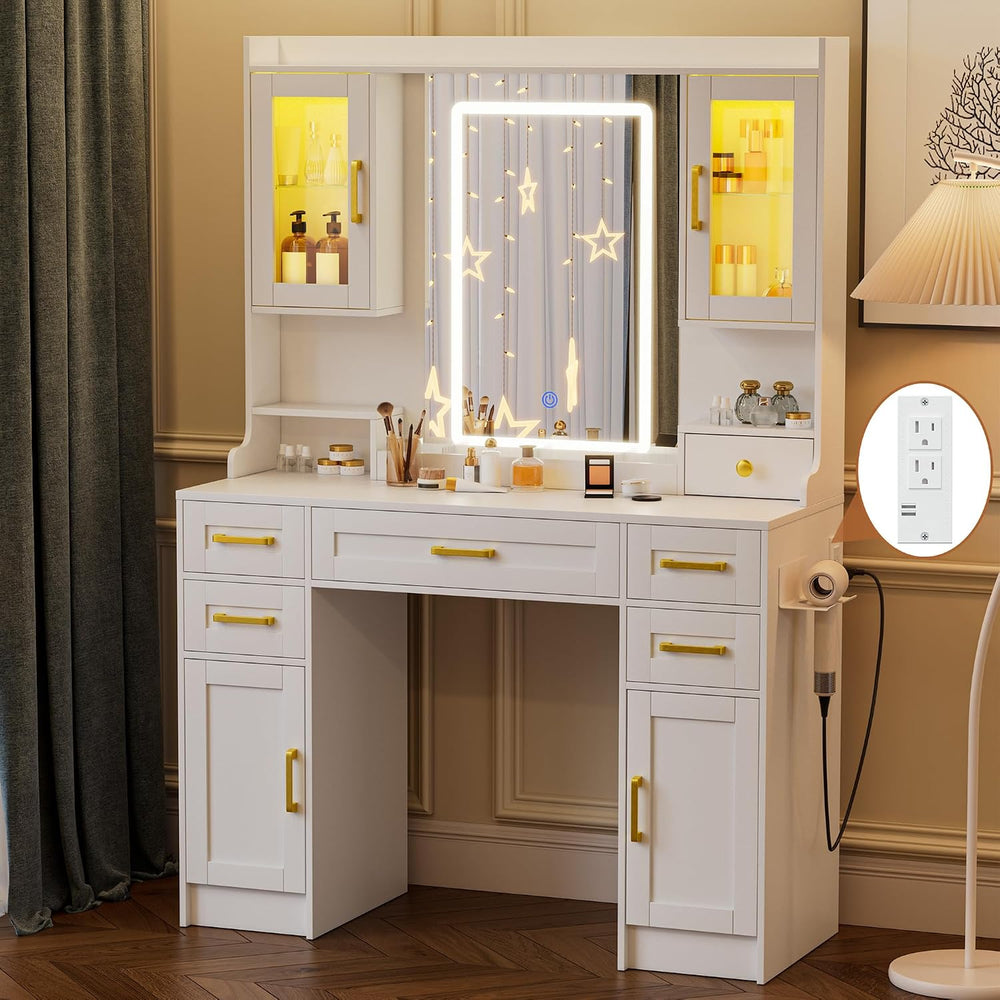 KAMABOKO Vanity Desk with Mirror and LED Lights & Power Outlet | Large Ma...