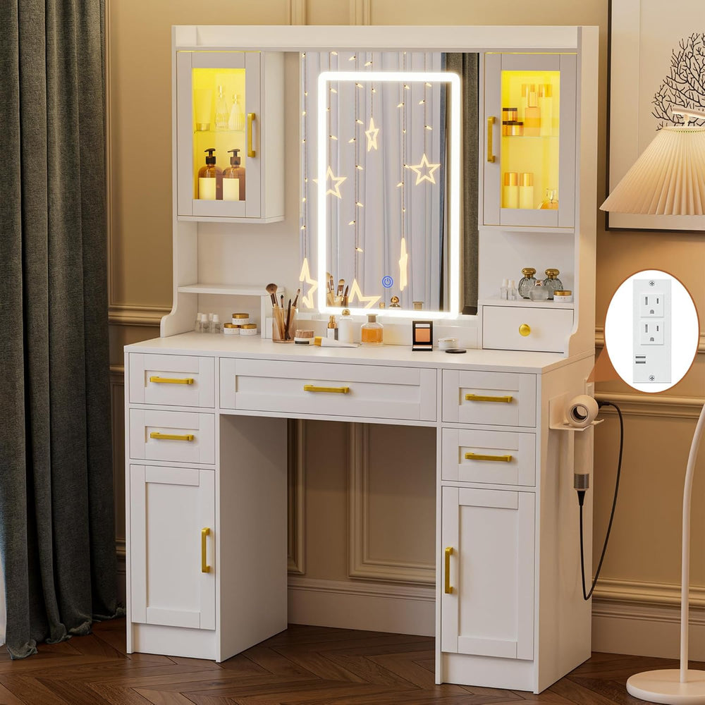 NUNU LAB 42.3 Inchs Large Vanity Desk with Mirror and Lights | 6 Drawers and ...