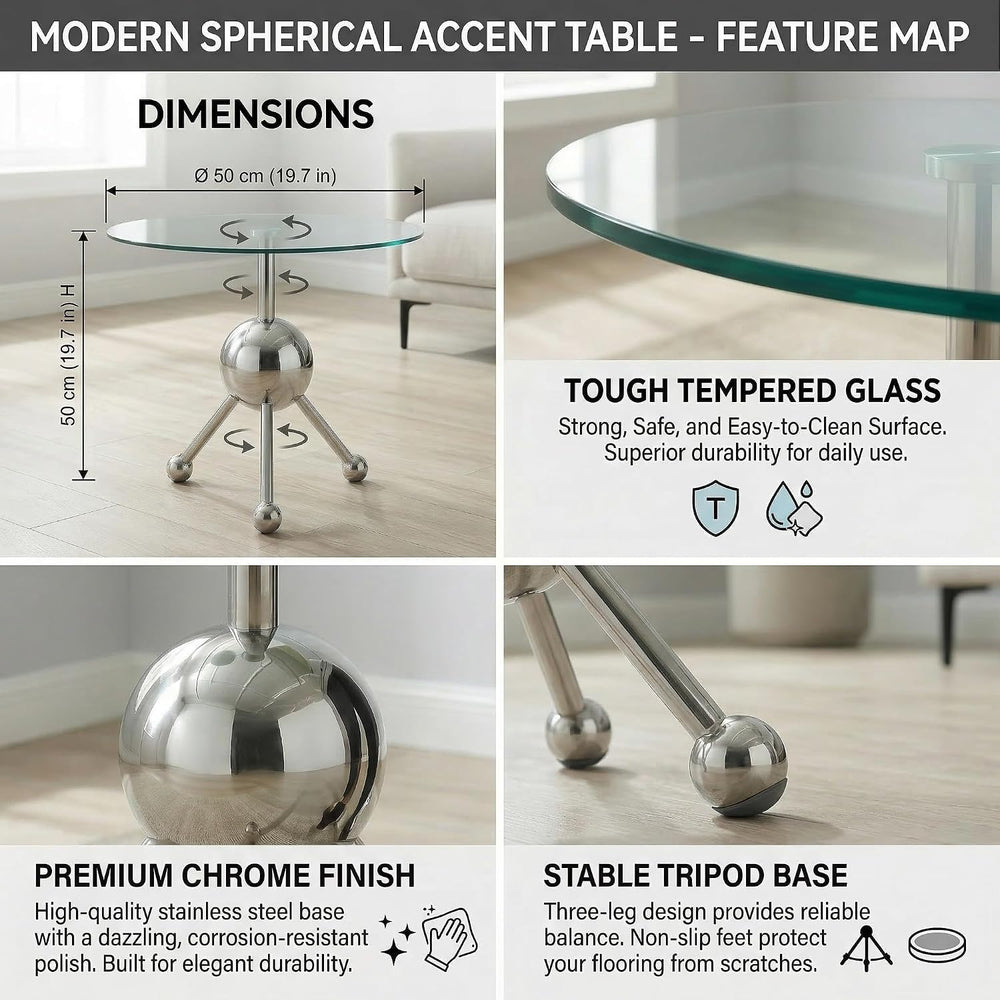 FT Global 19.7-Inch Round Glass End Table, Stainless Steel Sphere Tripod Base...