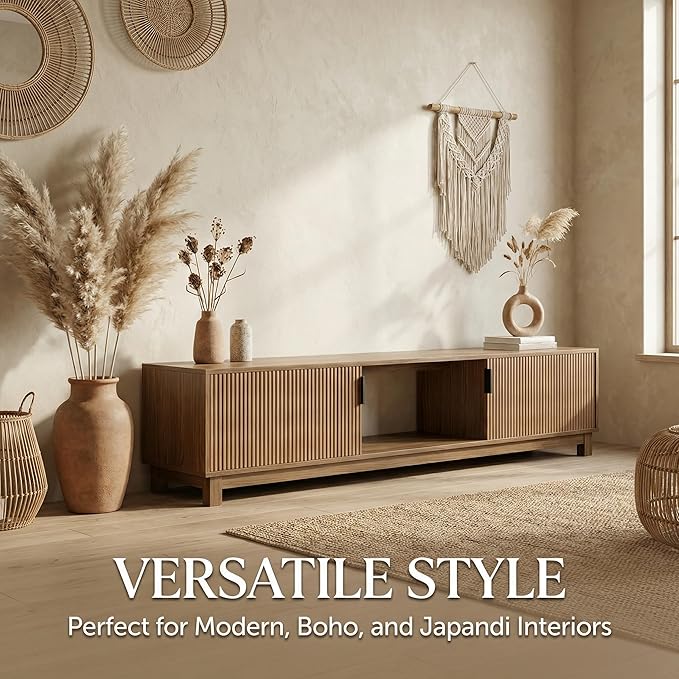 70" Fluted TV Stand for TVs up to 75 inch, Mid Century Modern Entertainment Center with 2 Hinged Doors & Open Shelves, Boho Media Console with Adjustable Shelves for Living Room, Walnut